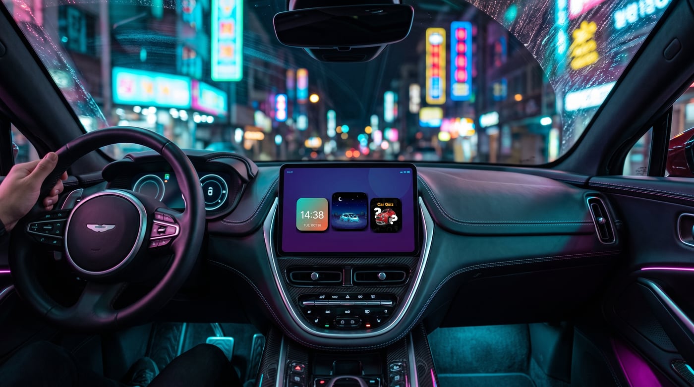 Neon Drive CarTheme dashboard live on a CarPlay screen