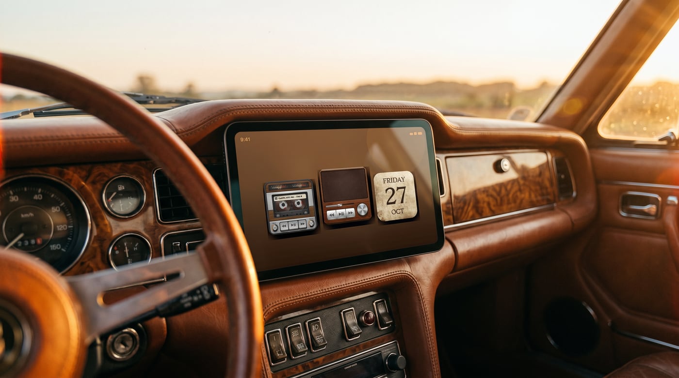Retro Vintage CarTheme dashboard live on a CarPlay screen