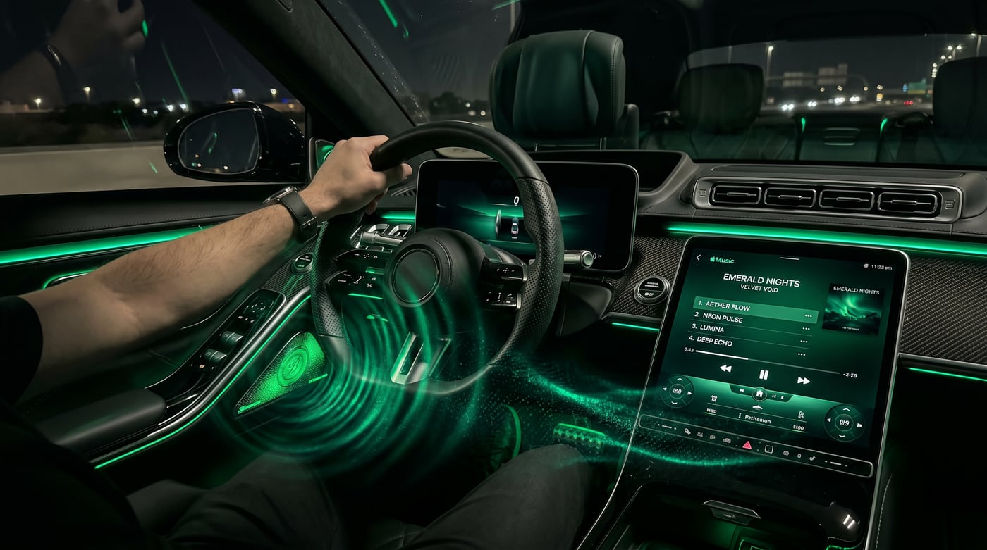 A car cabin glowing green as a startup sound plays through the speakers